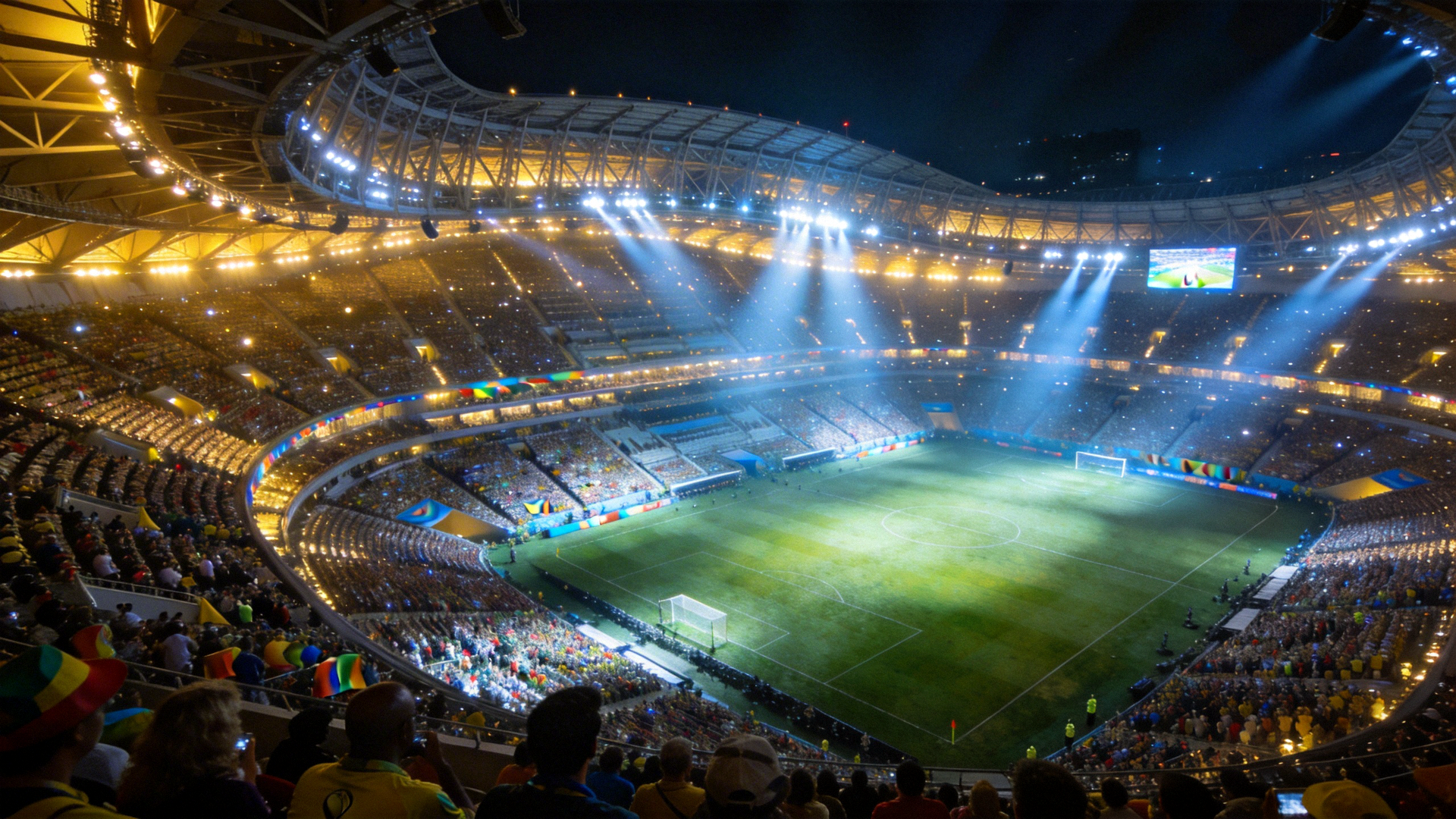 世界杯决赛体育场全景 - 夜晚灯光璀璨，座无虚席的壮观场面
